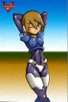  1girl aile armor arms_behind_head blush bodysuit breasts brown_hair erect_nipples erect_nipples_under_clothes green_eyes latex logo mega_man_zx megaman megaman_zx midriff panties rockman rockman_zx short_hair simple_background skin_tight small_breasts spandex underwear uniform vcampan wink 