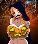 big_breasts bodypaint breasts grimphantom grimphantom_(artist) halloween hood huge_breasts jack-o'-lantern jack_o_lantern long_hair nami nipples nude one_piece orange_eyes orange_hair pumpkin pumpkin_breasts smile solo tattoo