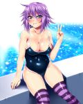 1girl anzu_(onelelee) bad_id blue_eyes blush breasts candy cleavage lollipop looking_at_viewer mizore_shirayuki mizugi mouth_hold one-piece_swimsuit oppai purple_hair rosario_+_vampire rosario_to_vampire school_swimsuit sen_(sansui) shiny shiny_skin shirayuki_mizore short_hair sitting solo stockings striped striped_legwear sukumizu swimsuit thighhighs v