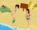 beach black_hair blue_eyes breasts brown_hair charlene_doofenshmirtz cleavage disney ear_piercing earrings funny hat jewelry lipstick long_hair milf perry_the_platypus phineas_and_ferb platypus red_lipstick short_hair smile undressing vanessa_doofenshmirtz water