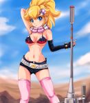  1girl armpits belly belt bikini blonde_hair blue_eyes blush breasts chopsticks cleavage cosplay crossover ears elbow_gloves erect_nipples eyebrows female_only gainax gloves gun hair hair_up jewelry midriff mushroom navel nintendo nose peach ponytail princess_peach rifle scarf short_shorts shorts sigurd_hosenfeld sigurdhosenfeld smile sniper_rifle solo solo_female stockings super_mario_bros. super_star swimsuit tengen_toppa_gurren-lagann thigh-highs thighhighs weapon yoko_littner yoko_littner_(cosplay) 