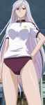 akashiya_moka anime ecchi female high_res inner_moka long_hair red_eyes rosario_to_vampire screen_capture shorts solo standing very_long_hair white_hair