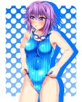 1girl adjusting_clothes adjusting_swimsuit anzu_(onelelee) bad_id blue_eyes competition_swimsuit goggles mizore_shirayuki mizugi mouth_hold one-piece_swimsuit purple_hair rosario_+_vampire rosario_to_vampire sen_(sansui) shirayuki_mizore short_hair solo swimsuit wet