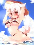 1girl alternate_costume ass bikini blush cloud guratan_(guratan18) hat inubashiri_momiji kemonomimi mizugi mouth_hold o-ring_top red_eyes sky solo tail thong thong_bikini touhou water white_hair wolf_ears wolf_tail