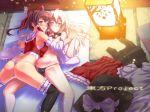 2_girls 2girls ass black_legwear blonde blush bow braid brown_hair detached_sleeves footwear frottage futon garter hair hair_bow hair_tubes hakurei_reimu hand_holding hands_clasped hat hat_removed headgear high_res holding_hands interlocked_fingers kirisame_marisa kneehighs lantern long_hair looking_at_viewer lying mochisuke_teru multiple_girls navel no_hat no_pants on_back panties red_eyes short_hair skirt_removed socks stockings thong topless touhou underwear_only wallpaper white_legwear witch_hat yuri