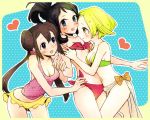  3_girls 3girls bel_(pokemon) bikini blonde blonde_hair blue_eyes blush bow breasts brown_hair cleavage double_bun front-tie_top green_eyes hand_holding heart holding_hands hug hugging long_hair md5_mismatch mei_(pokemon) mizugi multiple_girls oppai pokemon pokemon_(game) pokemon_black_and_white pokemon_bw pokemon_bw2 ponytail red_bikini shigeru short_hair shorts side-tie_bikini sweat swimsuit touko_(pokemon) twin_tails twintails undressing yuri 