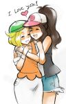  2girls baseball_cap bel_(pokemon) beret blonde blonde_hair blush brown_hair closed_eyes couple cutoffs english hair hat headgear hug hugging long_hair long_skirt magical_ondine multiple_girls pokemon pokemon_(game) pokemon_bw ponytail short_hair shorts skirt touko_(pokemon) vest yuri 