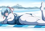 1girl aoi_(gegege_no_kitarou) ass astraea13 bad_feet bikini blue_eyes blue_hair blue_skin breasts cleavage fat gegege_no_kitarou highres huge_ass huge_breasts large_breasts long_hair looking_at_viewer lying monster_girl mountain on_stomach plump ponytail purple_eyes smile solo swimsuit yuki_onna