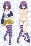 1girl bare_shoulders blue_eyes blush clavicle dakimakura female_only jewelry lying midriff mizore_shirayuki mouth_hold navel necklace nipples on_back oppai panties purple_hair purple_legwear rosario_+_vampire rosario_to_vampire shimapan shirayuki_mizore shirt_lift skirt smile stockings striped striped_legwear striped_panties tonee