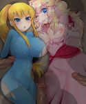 2girls big_breasts blonde blue_eyes blush bodysuit breasts crossover dress elbow_gloves finger_to_mouth gloves hair long_hair metroid multiple_girls nintendo nipples oppai penis ponytail princess_peach samus_aran skin_tight smile super_mario_bros. super_smash_bros. torn_clothes uncensored wink yukimimi zero_suit