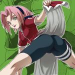 1girl :p ass bent_over bike_shorts cameltoe green_eyes haruyama haruyama_kazunori hentai looking_back lowres naruto pink_hair sakura_haruno shorts solo spandex spread_legs tongue tongue_out wide_stance