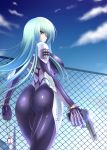  1girl anime ass beretta_92 blue_hair bodysuit breasts brown_eyes cloud dat_ass dog_tags fence glaring gun handgun hentai large_breasts long_hair looking_back nanakorobi_yaoki original pistol shiny shiny_clothes sky solo weapon 