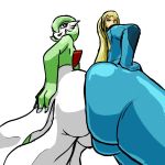  2_girls 2girls ass ass-to-ass ass_expansion ass_press ass_to_ass blonde_hair bodysuit breast_press breasts crossover gardevoir green_hair hair huge_ass long_hair metroid multiple_girls nintendo one_eye_closed oniontrain oniontrain_(artist) plump pokemon pov_ass red_eyes samus_aran short_hair simple_background super_smash_bros. symmetrical_docking white_background wink yuri zero_suit 