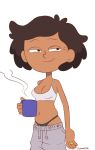  amphibia black_panties brunette coffee coffee_mug ear_piercing earrings gummidx looking_at_viewer mae_boonchuy milf mrs._boonchuy oum_boonchuy panties smiling_at_viewer sweat_pants tank_top wedding_ring 