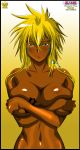 absurdres bleach blonde_hair blue_eyes breasts covering covering_breasts dark_skin deep_skin highres huge_breasts queen-vegeta69 shiny shiny_skin tia_harribel tier_harribel