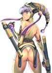 1girl anime ass earrings elbow_gloves female_only fingerless_gloves gloves hentai homare_(fool's_art) jewelry looking_back original ponytail purple_eyes purple_hair solo tonfa violet_eyes weapon