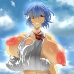  1girl bandage blue_hair breast_press breasts breasts_outside broken_arm cast eyepatch gigantic_breasts highres injury long_nipples neon_genesis_evangelion nipples puffy_nipples red_eyes rei_ayanami sky sling solo sweat tora_(net1nen) unaligned_breasts 