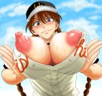  baseball_cap baseball_uniform big_breasts big_nipples blush braid breasts brown_eyes brown_hair bursting_breasts hair hat headgear large_breasts long_nipples looking_at_viewer momoe_maria net1nen nipples ookiku_furikabutte puffy_nipples smile sportswear stick_nipples sweat thick_nipples tora_(net1nen) twin_braids 