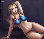  1girl alluring artist_logo big_breasts blonde_hair blue_bikini breasts breath_of_the_wild curvy detailed_background deviantart_username female_focus female_only flowerxl green_eyes hand_behind_head hand_on_floor hylian hylian_ears long_hair looking_at_viewer nintendo pale-skinned_female pinup princess_zelda the_legend_of_zelda video_game_character waist zelda_(breath_of_the_wild) 