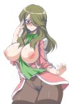  1girl blush breasts brown_eyes chousoku_henkei_gyrozetter glasses green_hair hair_over_one_eye long_hair mikagami_sou nipples pantyhose pubic_hair red_eyes shoudou_kotoha solo white_background 