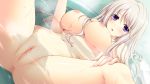  1girl :d anus ass azuki_miho bakuman blue_eyes blush bodysuit bondage censored cherry_blossoms curtains desk eraser game_cg gray_hair grey_hair hatsukoi_1/1 hatsukoi_1_1 iizuki_tasuku long_hair makabe_midori notepad nude open_mouth purple_eyes school_uniform sekihan serafuku smile solo uncensored water 