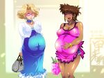  2girls ajiyoshi_noriko bare_legs big_breasts blonde_hair blush bracelet breasts character_request cleavage earrings female free_style ganguro glasses groceries hair jewelry large_breasts lipstick makeup milf mister_ajikko multiple_girls nail_polish nipples pregnant purple_nails short_shorts shorts smile tan_skin 