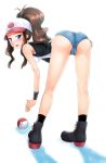  1girl anus ass bare_legs baseball_cap bent_over blue_eyes blush boots brown_hair cameltoe denim denim_shorts fat_mons hair hat headgear impossible_clothes impossible_pants long_hair missnips nintendo no_panties poke_ball pokemon pokemon_(game) pokemon_bw ponytail pussy shadow shoes shorts simple_background socks solo standing thighs touko_(pokemon) uncensored vest 