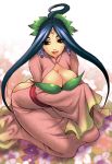  1girl ass ass_cutout black_hair breasts butt_crack capcom cleavage earrings japanese_clothes jewelry kimono long_hair looking_at_viewer mgk968 no_panties okami ookami_(game) sakuya sakuya_(okami) sakuya_(ookami) seiza sitting smile solo 