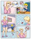 bed big_breasts blonde_hair blue_eyes breasts cleavage comic glasses glassfish milf short_hair smile surprise wide_hips