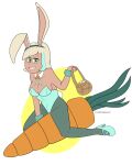  1girl 2019 artist_signature bare_shoulders basket blonde blonde_hair bottomwear breasts bunny bunny_costume bunny_ears bunny_ears_headband bunny_girl bunny_tail bunnysuit cadenreigns carrot clothed clothes covered_breasts diadem disney disney_channel disney_xd easter_bunny easter_egg egg eggs female footwear freckles green_eyes grin hairband head_ornament headband headwear high_heels jackie_lynn_thomas large_ears leotard long_ears long_legs ornament playboy_bunny playboy_bunny_leotard rabbit_ears rabbit_tail seashell shell short_hair signature sitting smiling_at_viewer solo solo_female solo_focus star_vs_the_forces_of_evil tan tanned tanned_skin tie topwear two_tone_hair white_background wristband 