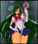 bare_shoulders between_legs bishoujo_senshi_sailor_moon blush breasts choker collarbone covered_navel earrings elbow_gloves erect_nipples female from_below gloves green_hair highres jewelry leotard long_hair masturbation meiou_setsuna open_mouth panties pantyshot red_eyes sailor_pluto setsuna_meioh setsuna_meiou skirt sleeveless solo sonota_taisei staff tiara underwear upskirt very_long_hair weapon white_gloves white_panties