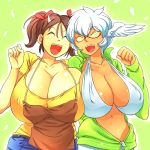 2girls apron breasts brown_hair cleavage closed_eyes cow_girl cow_girl_(hataraki) cow_horns dark_skin glasses hair happy hataraki_ari head_wings horns huge_breasts monster_girl multiple_girls no_bra open_mouth original short_hair short_twintails simple_background smile sukiko_(hataraki) sukimi_(hataraki) tan twin_tails twintails white_hair