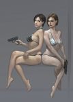  2girls ada_wong back-to-back bare_shoulders barefoot beretta beretta_92 bikini black_bikini black_hair blue_eyes breasts brown_eyes brown_hair capcom cleavage crossed_legs erect_nipples feet female glock gun handgun highres jill_valentine legs_crossed midriff multiple_girls navel pistol racking_slide resident_evil resident_evil_2 resident_evil_3 resident_evil_4 short_hair sideboob sitting swimsuit trigger_discipline weapon white_bikini white_swimsuit xiaji 