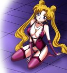 1girl alluring bishoujo_senshi_sailor_moon blonde blonde_hair blue_eyes breasts cleavage female female_only garter_straps lingerie long_blonde_hair long_hair long_twintails looking_at_viewer mostly_nude on_knees panties partially_visible_nipples sailor_moon sitting solo stocking tsukino_usagi twin_tails usagi_tsukino