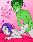  1boy 1girl beast_boy darthguyford dc_comics doggy_position female forehead_jewel grabbing_sheets green_skin grey_skin male male/female raven_(dc) sex sheet_grab short_hair superhero superheroine taken_from_behind teen_titans top-down_bottom-up 