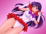 1girl bishoujo_senshi_sailor_moon black_hair blush bow breasts cameltoe choker dutch_angle earrings elbow_gloves erect_nipples gloves hino_rei jewelry leotard long_hair panties pantyshot pink_background purple_bow purple_eyes purple_hair red_skirt rei_hino sailor_mars shoes skirt skirt_lift solo sonota_taisei star star_earrings underwear white_gloves