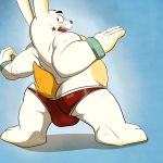 2012 aaron_(artist) armbands lagomorph looking_back male rabbit rekkit rekkit_the_rabbit solo underwear white_fur