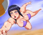 ameoto beach beach_volleyball bikini black_hair blush breasts foreshortening hinata_hyuuga huge_breasts hyuuga_hinata long_hair naruto open_mouth purple_eyes shiny sweat swimsuit volleyball