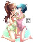 2girls ahoge ami_mizuno barefoot bishoujo_senshi_sailor_moon blue_eyes blue_hair blush breast_grab breast_press breasts brown_hair dress eudetenis female grabbing green_eyes highres kino_makoto kneeling long_hair makoto_kino mizuno_ami multiple_girls nipples no_panties ponytail sailor_jupiter sailor_mercury sailor_moon scrunchie short_dress short_hair small_breasts sweat yuri