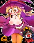 2girls alternate_costume bat breasts cleavage female gloves gradient_hair halloween hat heart hijiri_byakuren houjuu_nue huge_breasts long_hair multicolored_hair multiple_girls pantyhose polearm pumpkin pumpkin_hat rokugou_daisuke star text thighhighs touhou trident weapon wings witch witch_hat