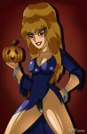  black_eyes black_panties bracelet breasts cleavage cosplay daphne_blake dress elvira elvira:_mistress_of_the_dark elvira_(cosplay) halloween jack-o&#039;-lantern jewelry long_hair orange_hair panties pumpkin redhead scooby-doo smile solo x^j^kny_(artist) 