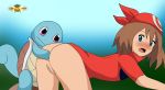  1girl all_fours anal anal_fisting ass blue_eyes blush bottomless brown_hair female female_human haruka_(pokemon) human/pokemon looking_back marcobodt may may_(pokemon) open_mouth partially_clothed pokemon pokephilia porkyman pussy squirtle 