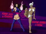 2_girls 2girls abs asami_sato ass black_hair blue_eyes boots bracelet character_name coonfoot cosplay dark-skinned_female dark_skin duo elena_(street_fighter) elena_(street_fighter)_(cosplay) feet female_only gloves halloween korra lipstick long_hair marvel multiple_girls ponytail psylocke psylocke_(cosplay) red_lipstick smile street_fighter the_legend_of_korra toes white_hair x-men yellow_eyes