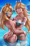 2_girls 2girls ass bikini crown duo earrings female female_human human looking_at_viewer mostly_nude nintendo nipples olchas princess_peach princess_rosalina rosalina royalty side-tie_bikini_bottom standing standing_in_water star_earrings super_mario_bros. super_mario_galaxy super_smash_bros.