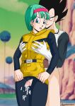 absurd_res belt blue_eyes blue_hair breast_grab bulma bulma_brief clothed_female_nude_male clothed_sex cum cum_on_body cum_on_lower_body dragon_ball dragon_ball_z gloves godsarelost grabbing grabbing_from_behind high_res male/female nude sex spacesuit standing thick_thighs thigh_sex thighs vegeta