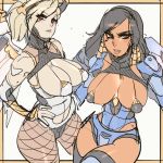 2_girls angela_ziegler armor bikini_top black_hair blonde_hair breasts breasts_outside cleavage dark-skinned_female fishnets hair_ornament hands_on_hips large_breasts looking_at_viewer maniacpaint mercy_(overwatch) multiple_girls overwatch pharah pharah_(overwatch) stockings wide_hips wings