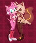 1girl amy_rose anthro bedroom_eyes bra breasts chipmunk cleavage clothed clothing duo eulipotyphlan footwear ground_squirrel heart_background hedgehog high_res legwear lingerie looking_at_viewer mammal narrowed_eyes open_mouth panties rodent saltwatertoffee sciurid seductive sega shoes smile socks sonic_the_hedgehog_(series) stockings toffee_the_chipmunk underwear