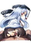 1boy 1girl anus ass black_legwear censored cum cum_on_ass dress female fingerless_gloves gloves kantai_collection long_hair looking_at_viewer looking_back murakumo_(kantai_collection) open_mouth pantyhose payot penis personification pussy red_eyes ribbon sailor_dress school_uniform serafuku short_dress sidelocks silver_hair solo_focus sorimura_youji thighband_pantyhose torn_clothes torn_pantyhose