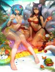 2girls ahri animal_ears barefoot beach bikini blue_bikini blue_hair braid breasts cleavage curvy facial_mark female flower flower_on_head fox_ears fox_tail green_eyes hair_flower hair_ornament hair_over_one_eye huge_breasts large_breasts league_of_legends long_hair looking_at_viewer multiple_girls multiple_tails navel o-ring_bottom o-ring_top red_bikini shade shiny shiny_skin side-tie_bikini sitting skindentation sona_buvelle swimsuit taemin_park tail toes twintails underboob very_long_hair wariza whisker_markings whiskers wide_hips