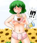 1girl adult_baby bib blush breasts diaper female flower green_hair hand_on_hip kazami_yuuka looking_down navel nipples open_mouth pacifier peeing polka_dot rattle red_eyes saliva short_hair solo stain sukedai sunflower sweat touhou umbrella